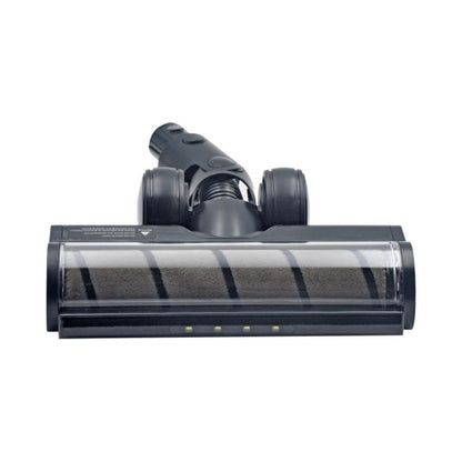 Motorized floor brush head with clear roller and dark housing, with LED light strip