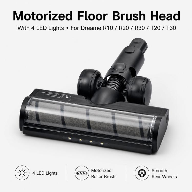 Motorized floor brush head with clear soft roller, dark housing, and 4 LED lights