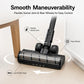 Motorized floor brush head with swivel joint and rear wheels, plus LED light strip