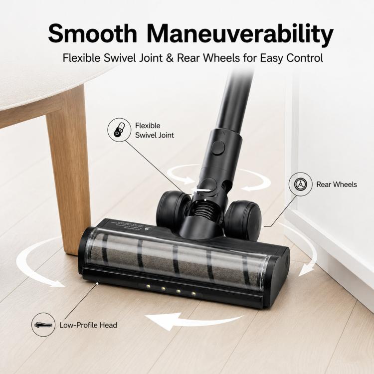 Motorized floor brush head with swivel joint and rear wheels, plus LED light strip