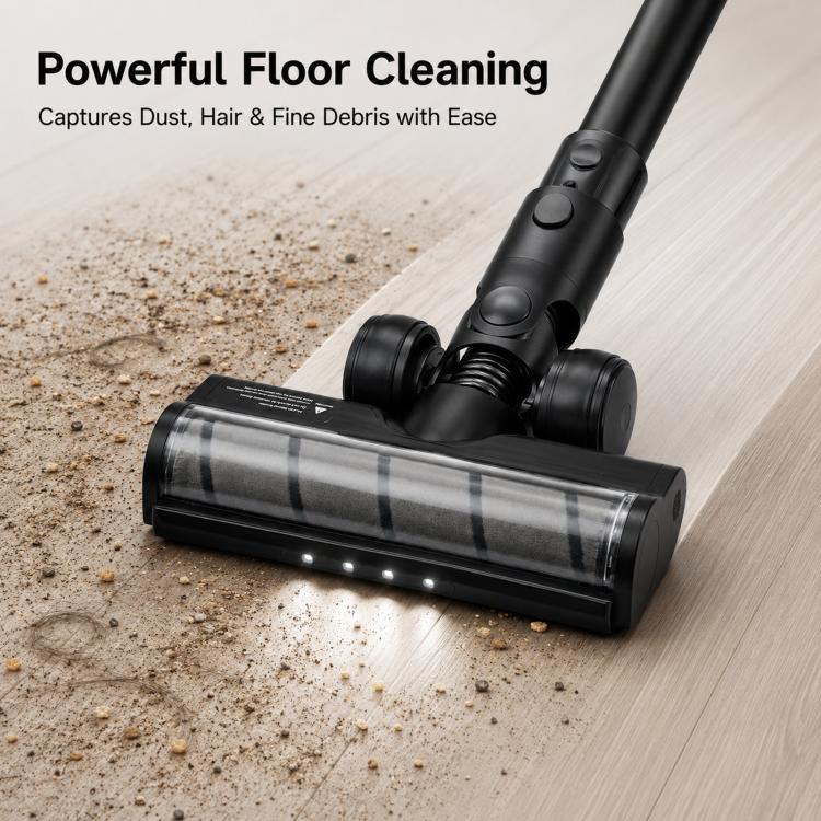 Motorized floor brush head cleaning floor debris with clear roller and LED lights