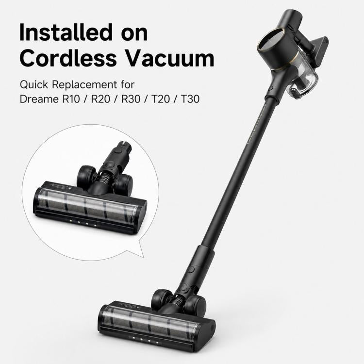 Motorized floor brush head attached to cordless vacuum wand, with clear roller and LEDs