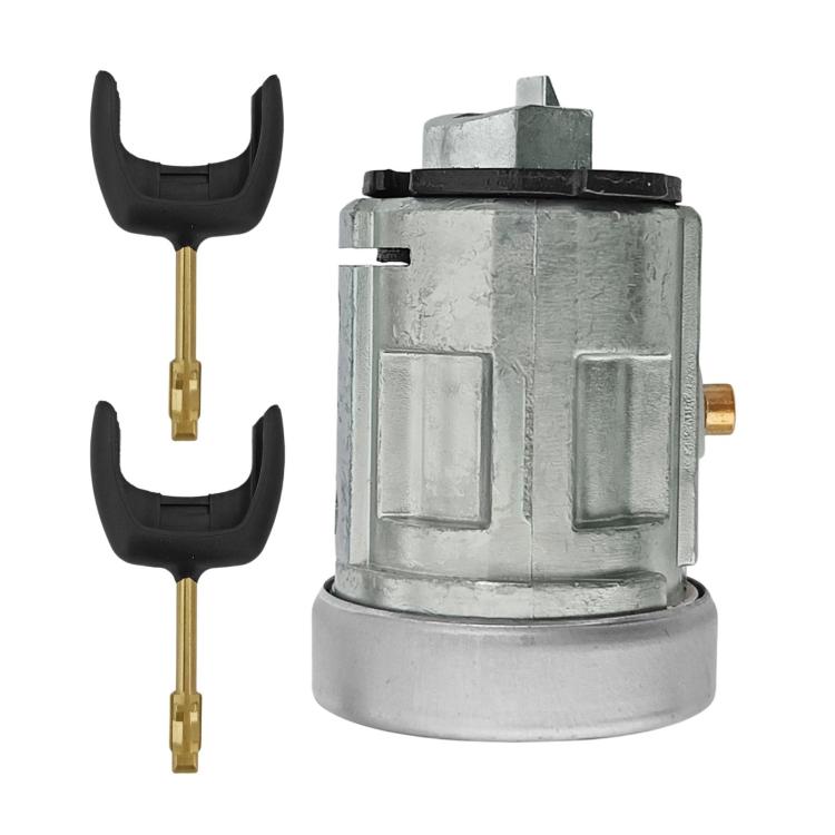 Car ignition lock cylinder with two brass keys, silver body, rectangular mounting bracket