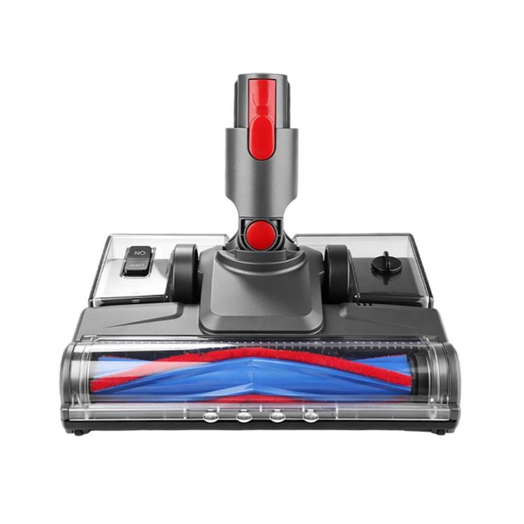Motorized floor brush head with blue and red bristles, clear suction housing