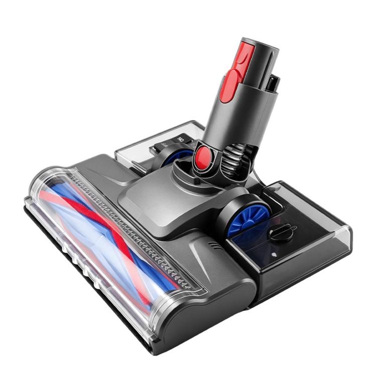 Motorized floor brush head with blue and red brush roll and side wheel drive