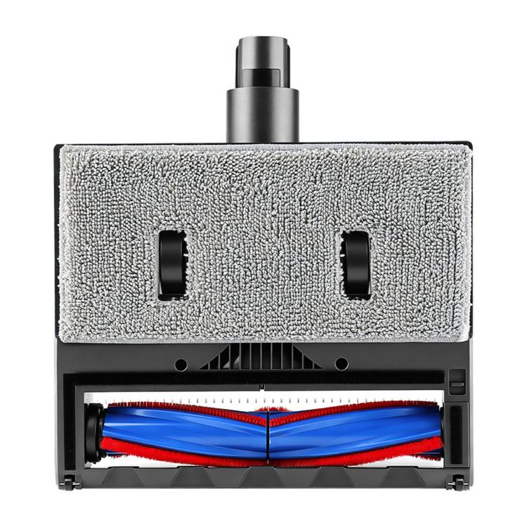 Motorized floor brush head with gray microfiber mop pad and exposed brush roll
