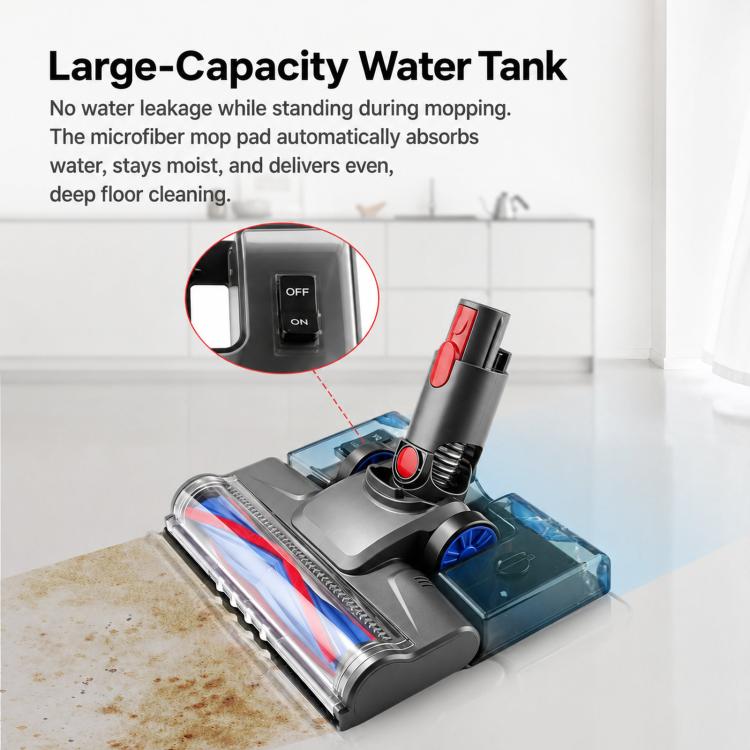 Motorized floor brush head with large blue water tank and on/off switch