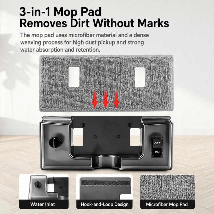 3-in-1 mop pad set with gray microfiber pad and hook-and-loop backing