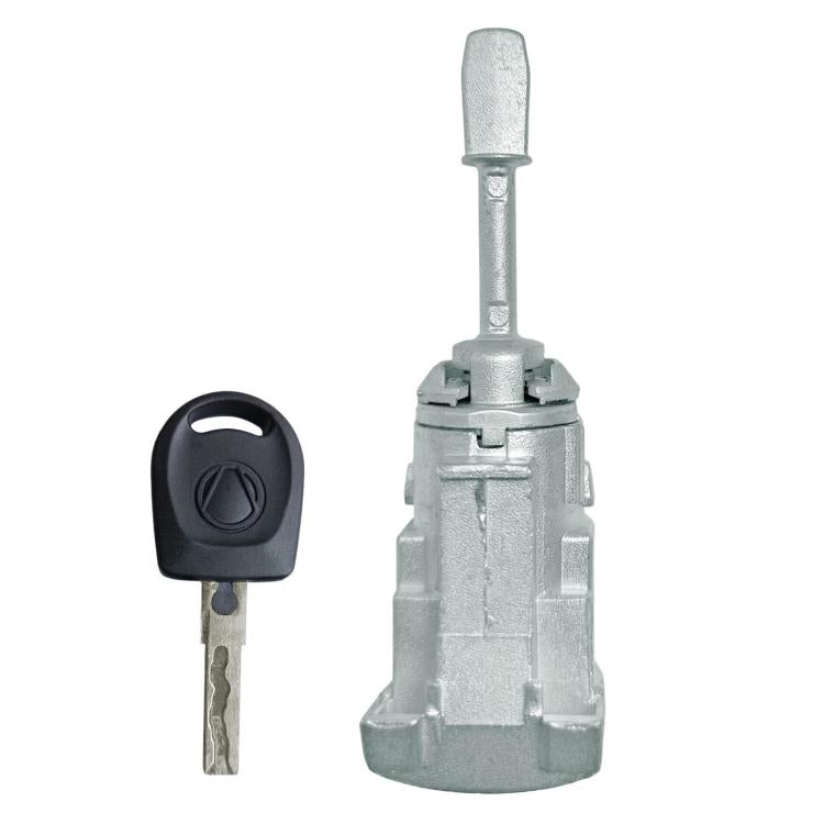 Left door lock cylinder with keys: upright silver cylinder with black key fob