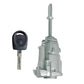 Left door lock cylinder with keys: silver cylinder and black key fob, angled view