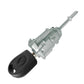 Left door lock cylinder with key: side view silver cylinder with black key fob