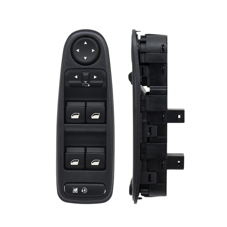 Black power window control switch with raised buttons and side contact pins