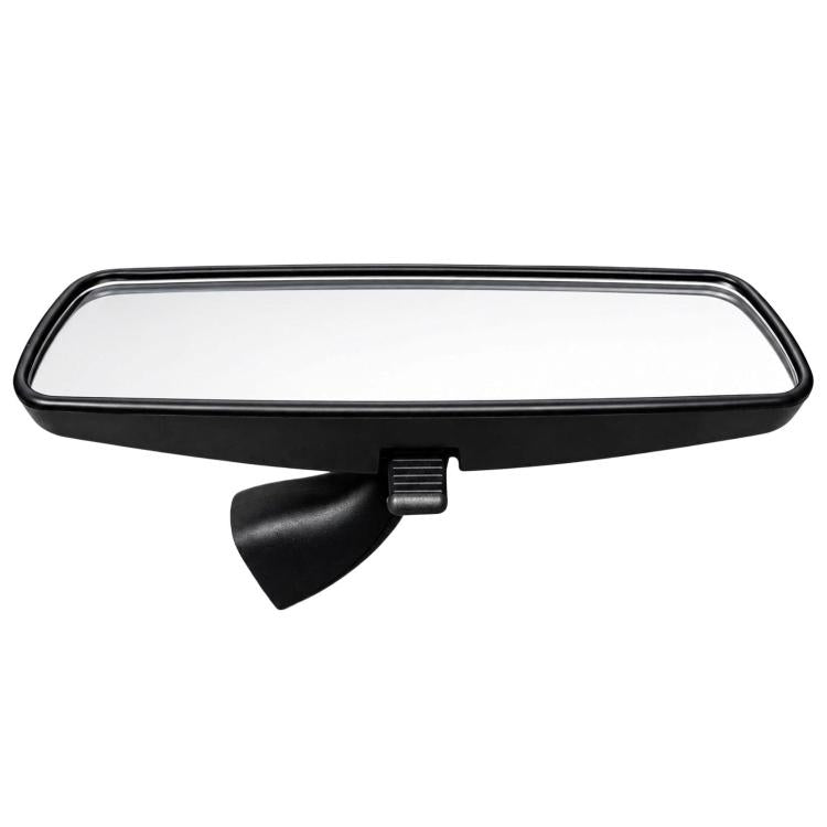 Interior rearview mirror housing, black, with central mounting tab and metal border