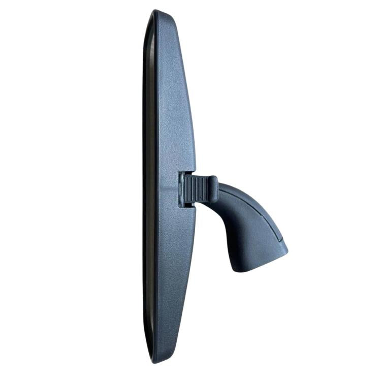 Interior rearview mirror housing, side view, dark gray body with black bracket