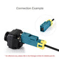 Close-up coaxial connector with teal Fakra Z female housing and black plug body, yellow latch.