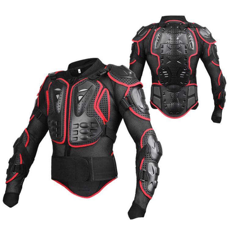 Motorcycle body armor jacket with removable spine protector, black with red accents, pads