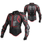 Motorcycle body armor jacket with removable spine protector, black with red trim, armor pads