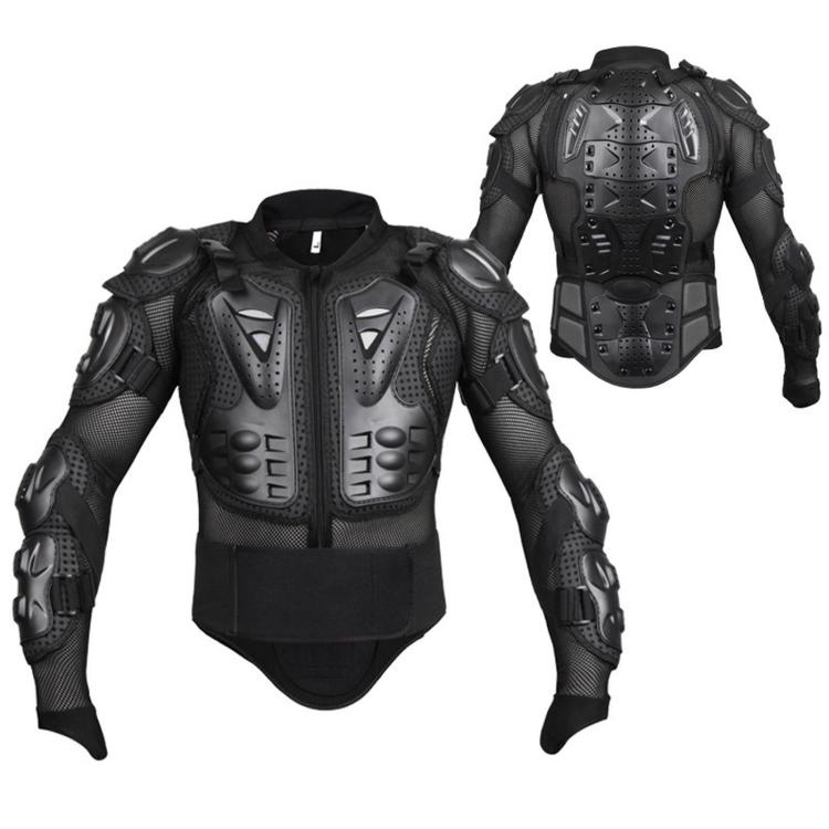 Motorcycle body armor jacket in dark black with removable spine back protector and forearm guards