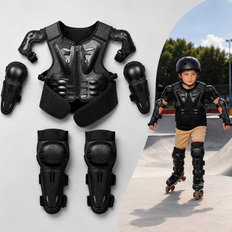 Kids motorcycle body armor set in black: chest vest, elbow pads, knee pads