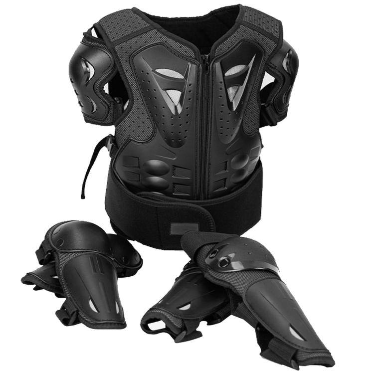Black kids motorcycle armor set with chest vest, elbow pads, and knee pads