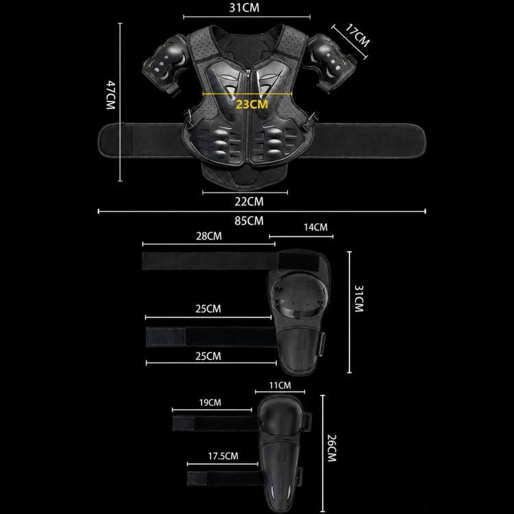Kids motorcycle body armor set laid out: chest/shoulder vest, elbow and knee guards