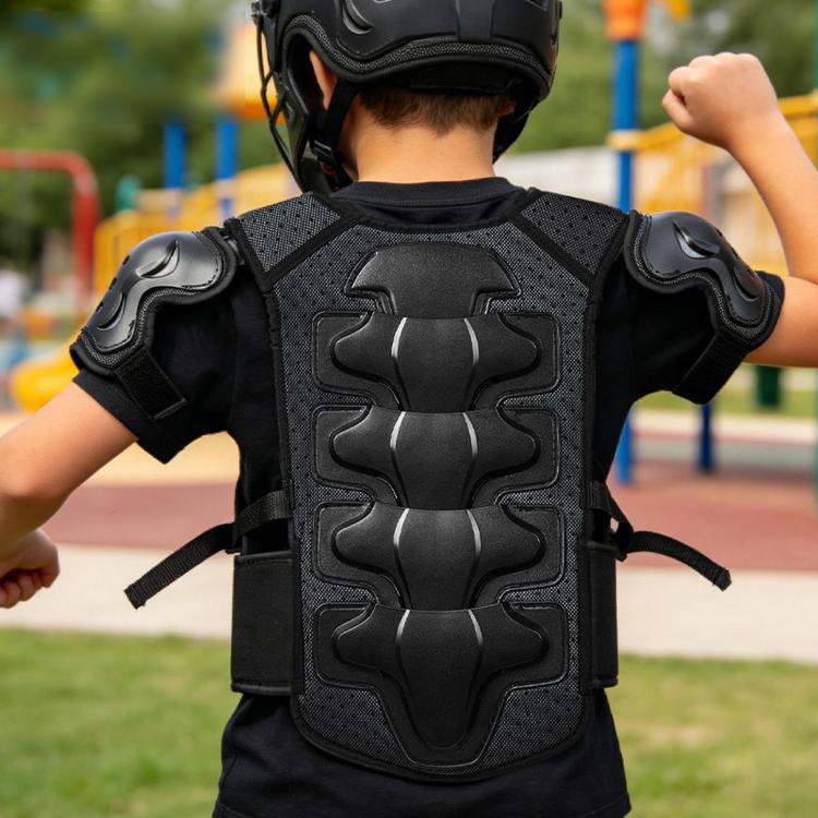 Kids motorcycle armor vest on child: back protector with shoulder pads, arm guards