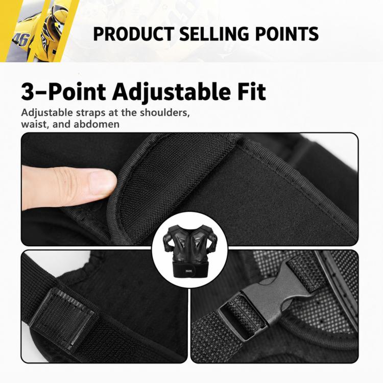 Black kids motorcycle body armor set with adjustable strap details on the chest guard