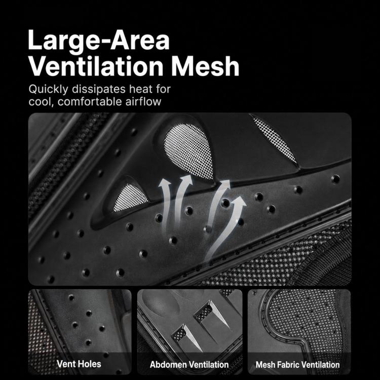 Black motorcycle armor pad with ventilated mesh panels and vent holes