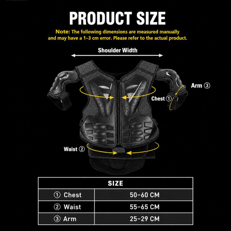 Black kids motorcycle body armor size chart with chest, waist, and arm measurements