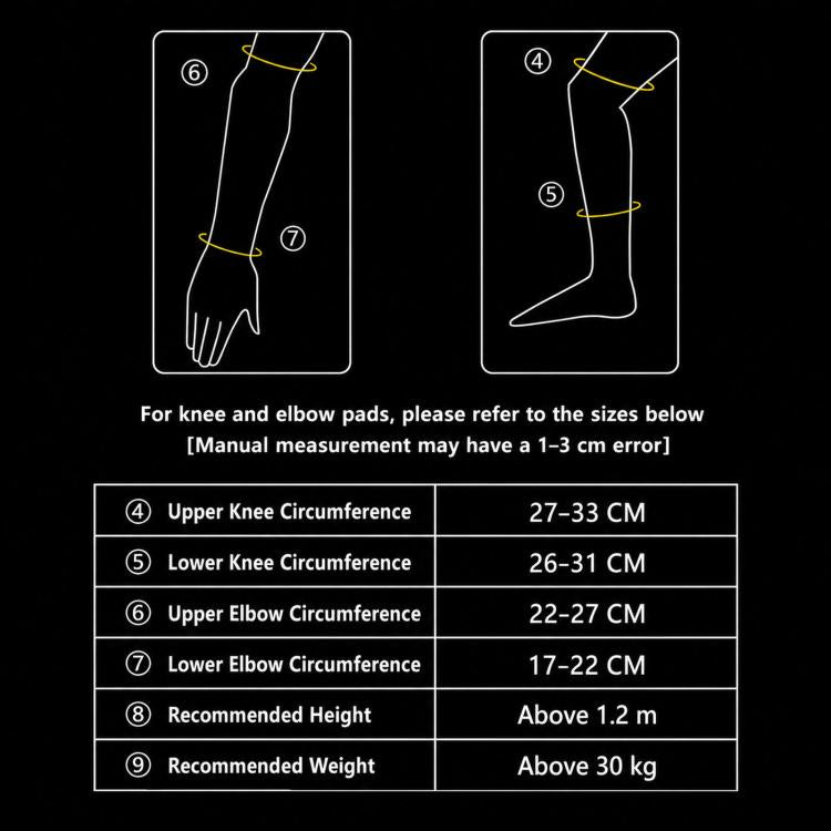 Knee and elbow pad size chart with measurement guide for kids armor