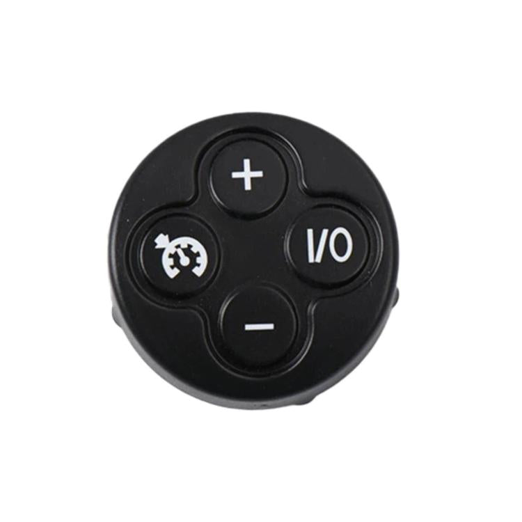 Black steering wheel button cluster with V/O label, gear icon, plus and minus