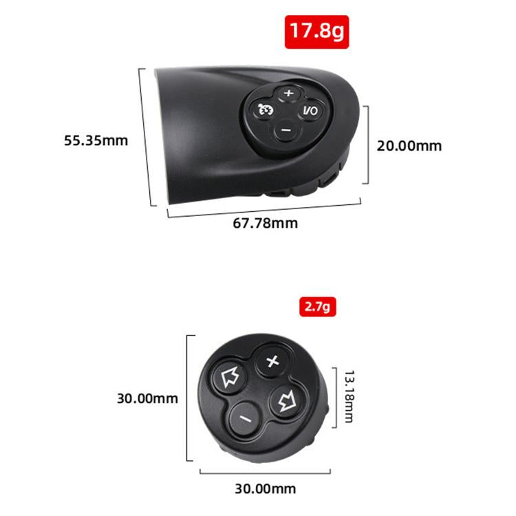 Black steering wheel button panel with plus and control icons, size diagram