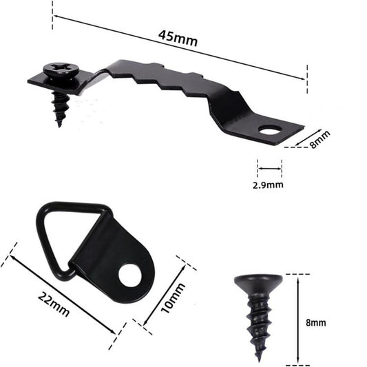 Black sawtooth and triangle picture frame hangers with size measurements