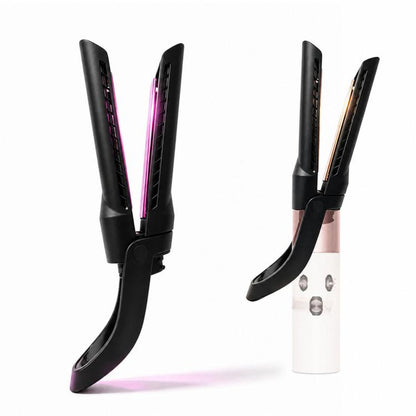 Rose-pink and black straightener attachment with twin heating plates and curved guard
