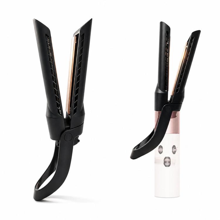 Black straightener attachment with rose-pink body, two heating plates, curved smoothing guard