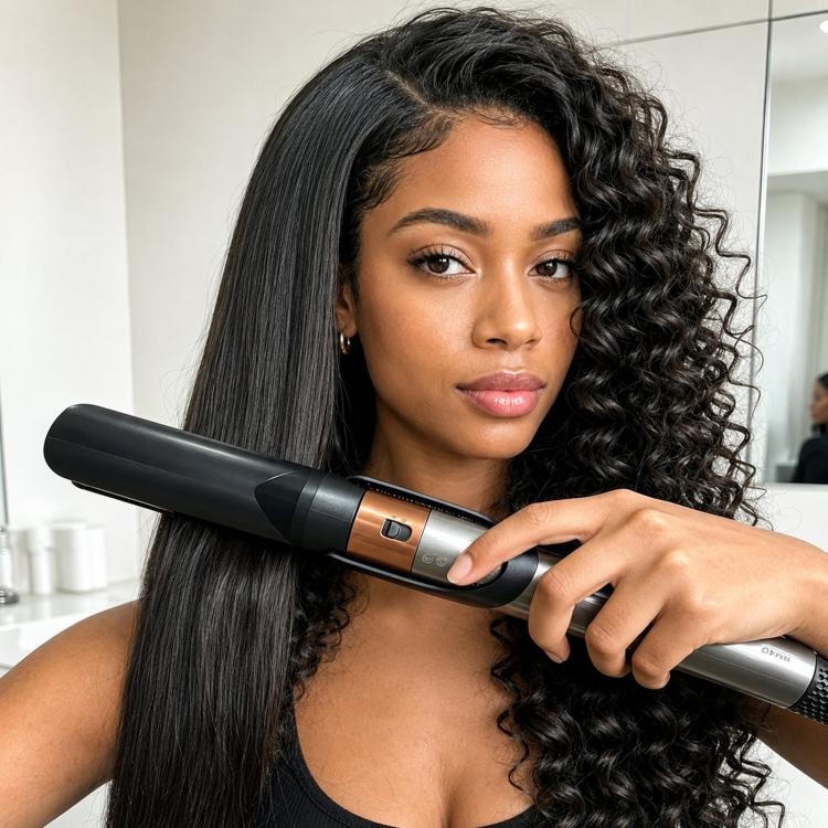 Hair straightener attachment with black nozzle and rose-pink handle, twin heating plates visible