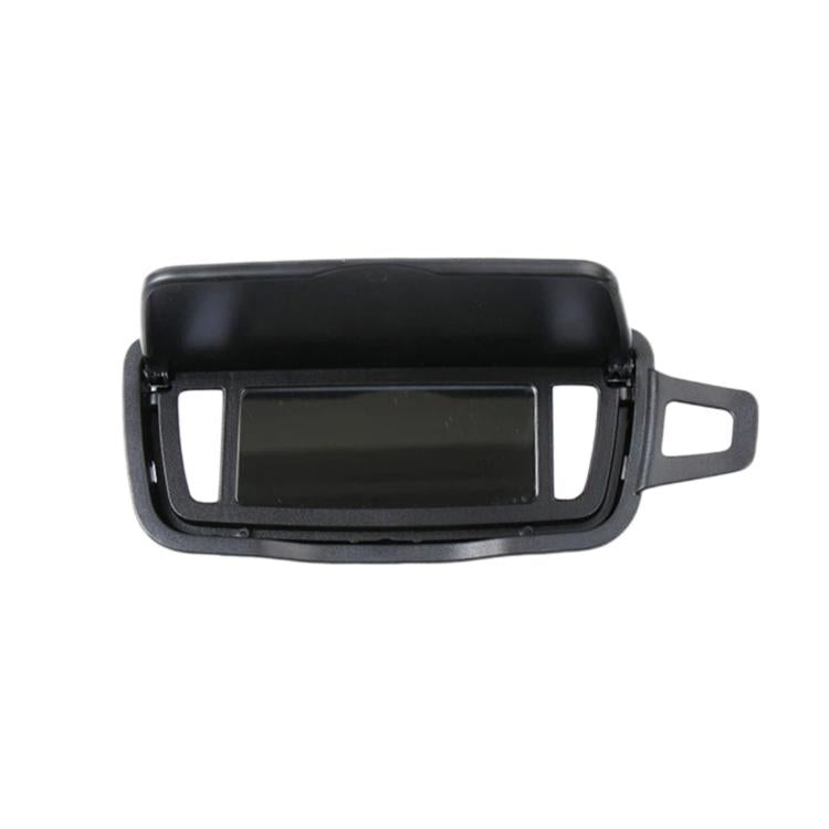 Black sun visor vanity mirror with rectangular viewing window and side handle mount.