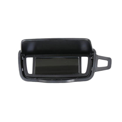 Black sun visor vanity mirror with rectangular viewing window and side handle mount.