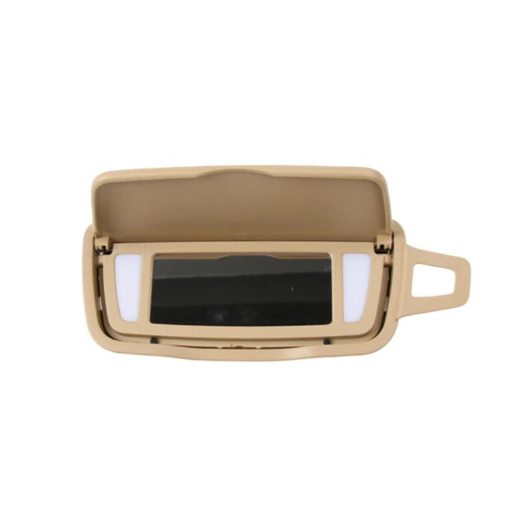 Beige sun visor vanity mirror with rectangular viewing window and side handle mount.