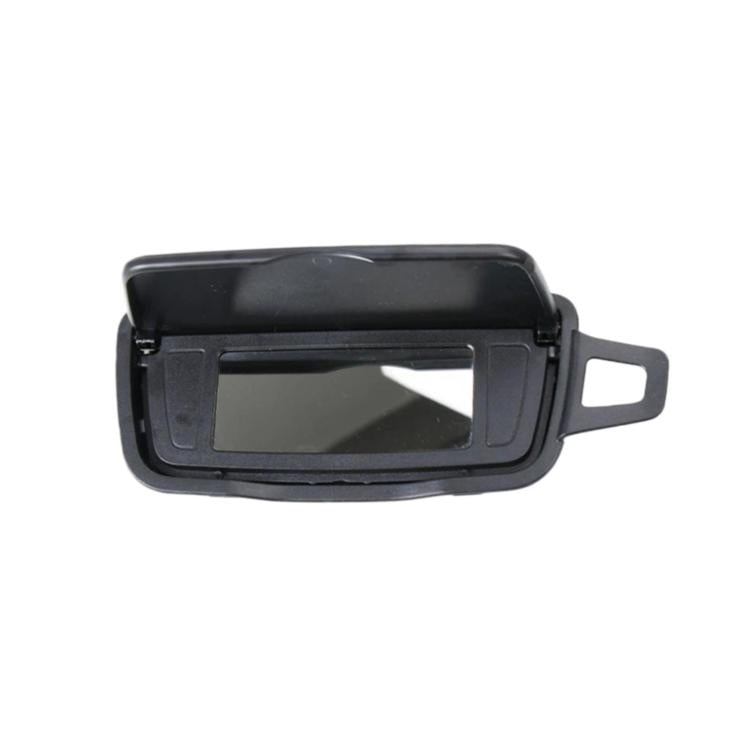 Black sun visor vanity mirror with rectangular viewing window and side handle bracket.