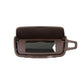 Dark brown sun visor vanity mirror with rectangular viewing window and side handle bracket.