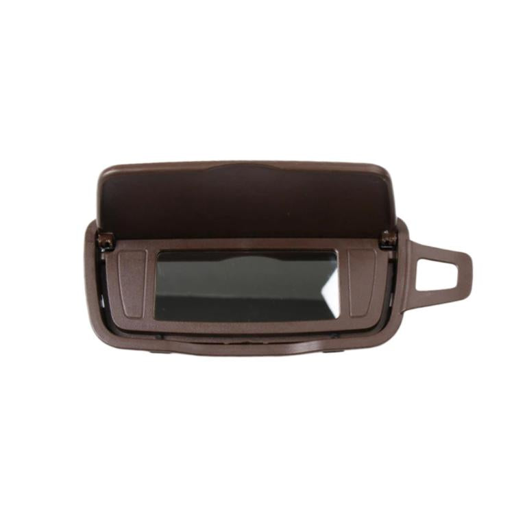 Dark brown sun visor vanity mirror with rectangular viewing window and side handle bracket.
