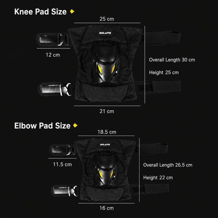 Motorcycle knee and elbow pads, black camo with SULAITE logo and yellow vent accents