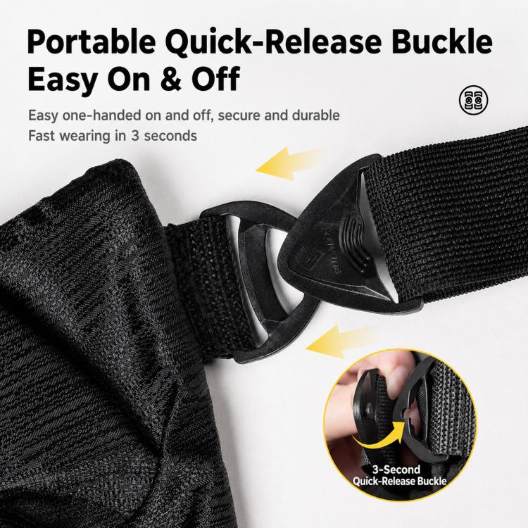 Protective pad quick-release buckle with black fabric strap and gray plastic clasp