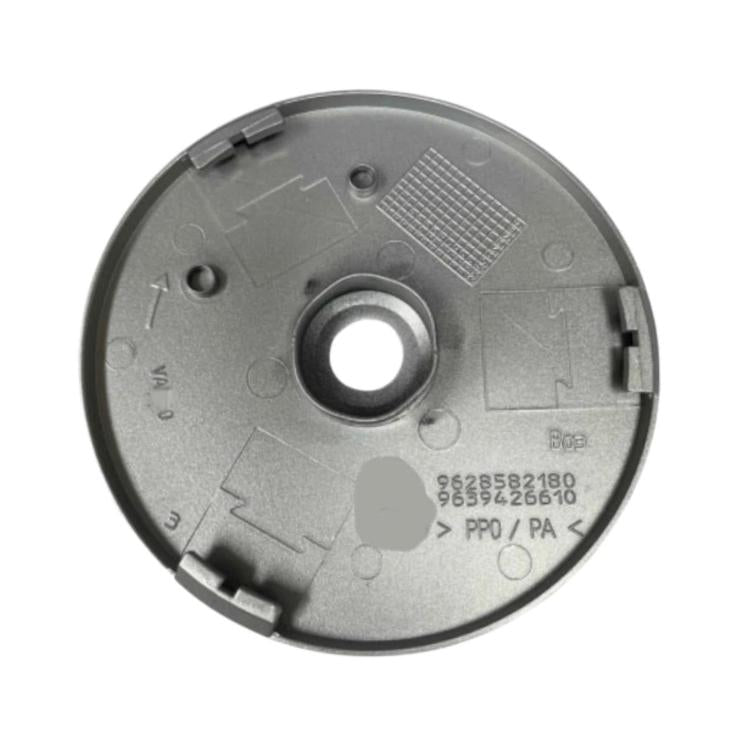 Fuel tank outer lock cover backing plate, gray plastic with mounting clips and central hole