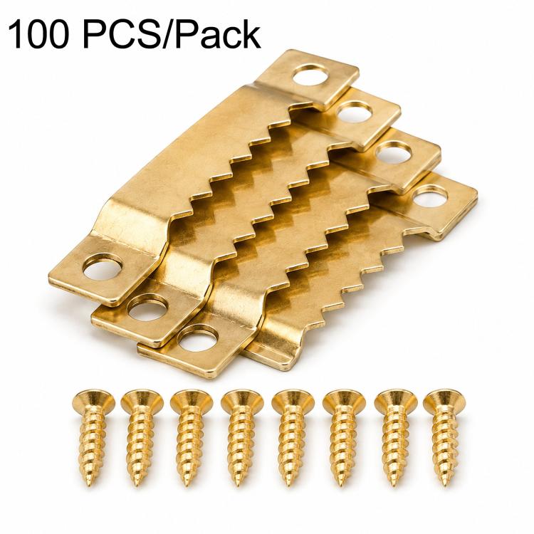 Gold sawtooth picture frame hanging hooks kit with screws, 100-pack set