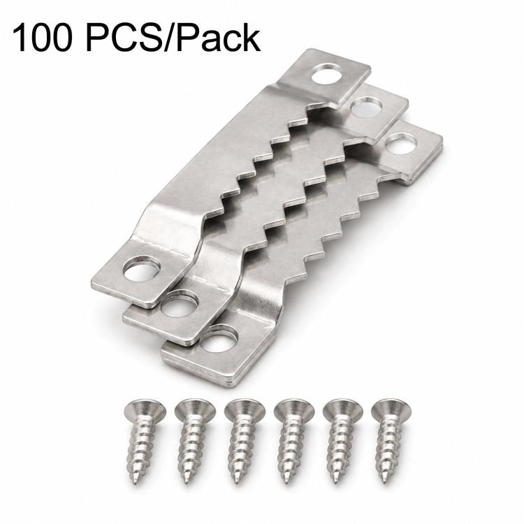Silver sawtooth picture frame hanging hooks kit with screws, 100-pack set