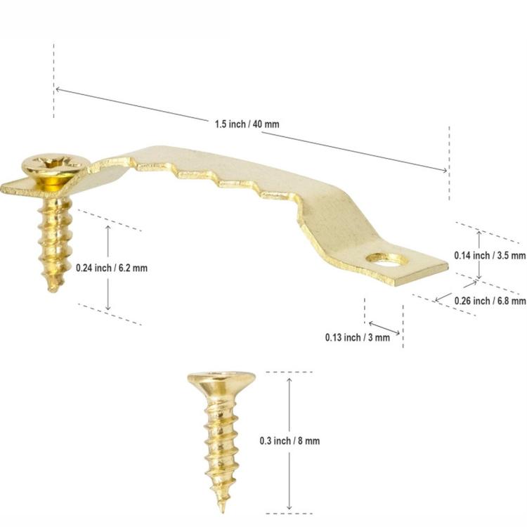 Gold sawtooth picture hanging hook with screw, size diagram with measurements