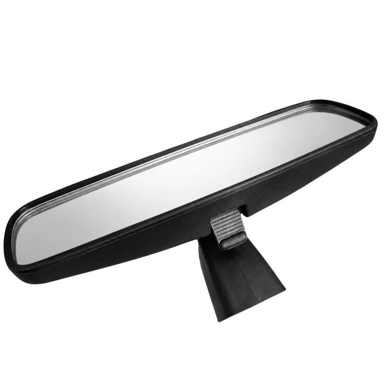 Black interior rearview mirror with attached mounting tab and tinted lens