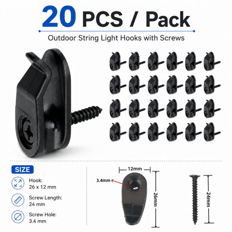 20-pack screw-in string light hooks with screws, black clips